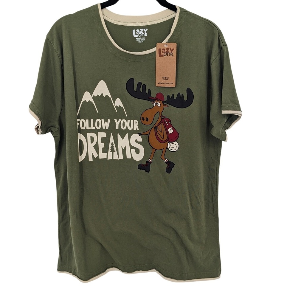 Lazy One Moose‎ Graphic Top Womens Medium Olive Green T Shirt Lounge Casual NWT